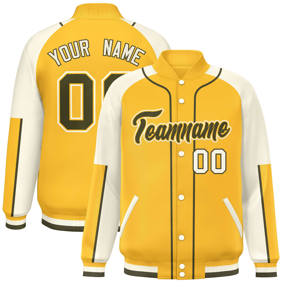 Custom Gold Cream-Gold Varsity Full-Snap Color Block Letterman Jacket