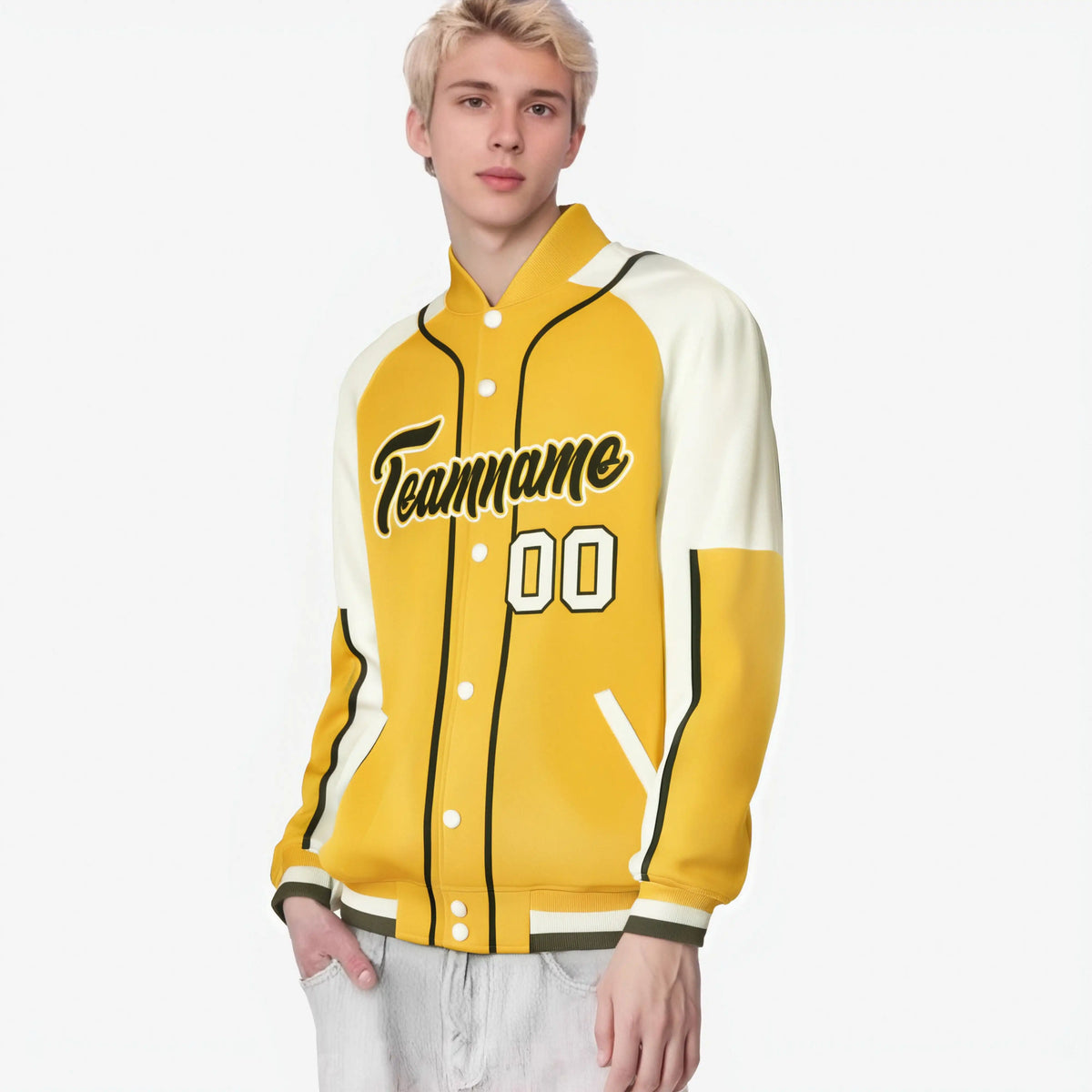 Custom Gold Cream-Gold Varsity Full-Snap Color Block Letterman Jacket