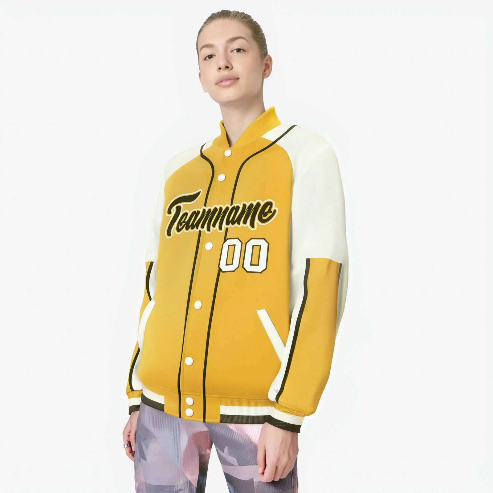Custom Gold Cream-Gold Varsity Full-Snap Color Block Letterman Jacket