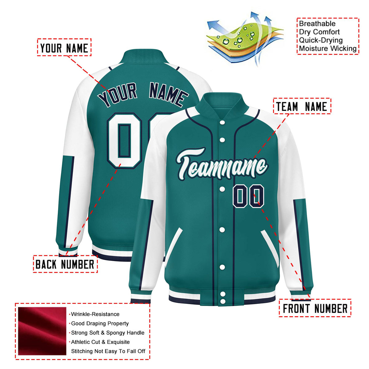 Custom Aqua White-Aqua Varsity Full-Snap Color Block Letterman Jacket