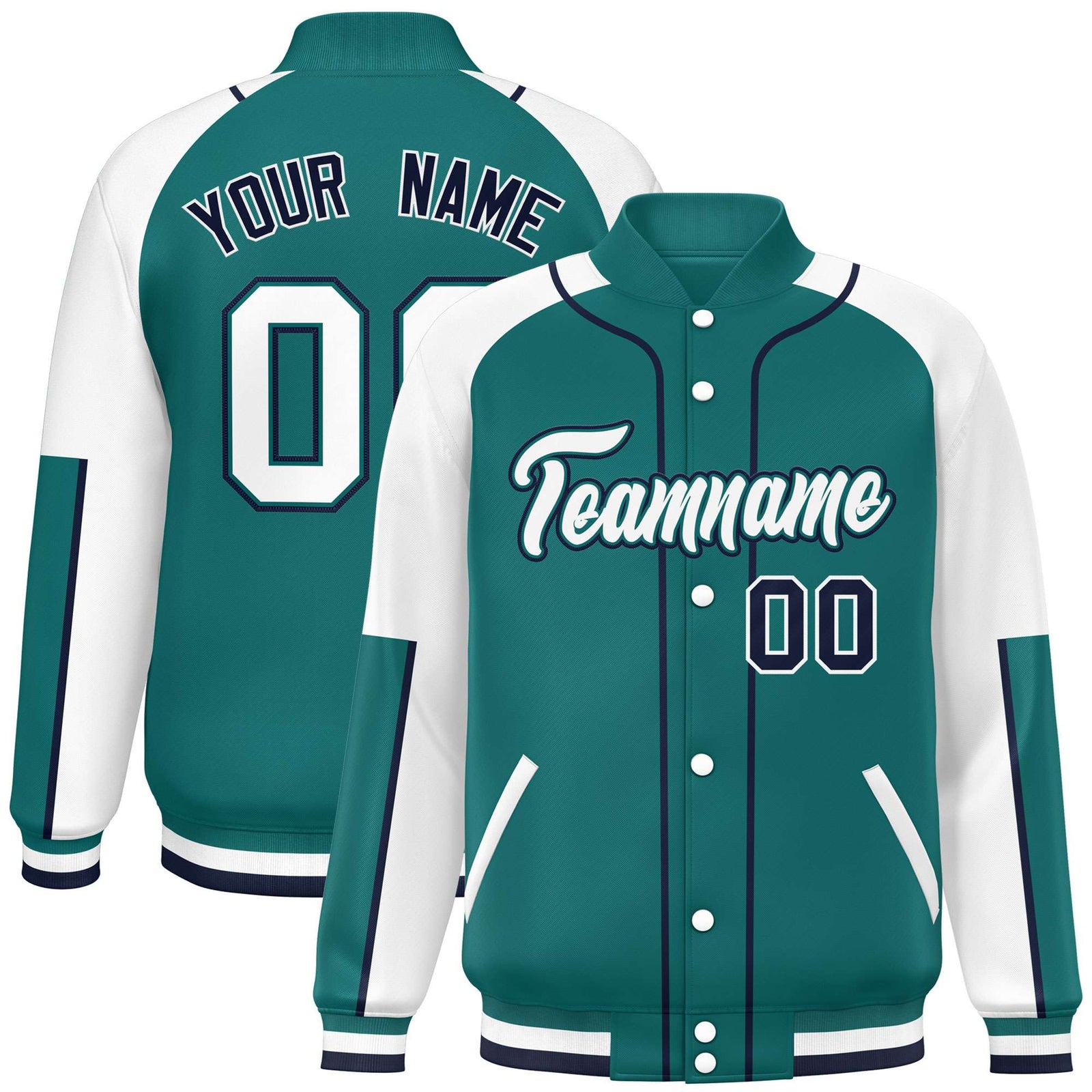 Custom Aqua White-Aqua Varsity Full-Snap Color Block Letterman Jacket