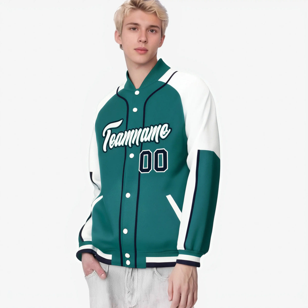 Custom Aqua White-Aqua Varsity Full-Snap Color Block Letterman Jacket
