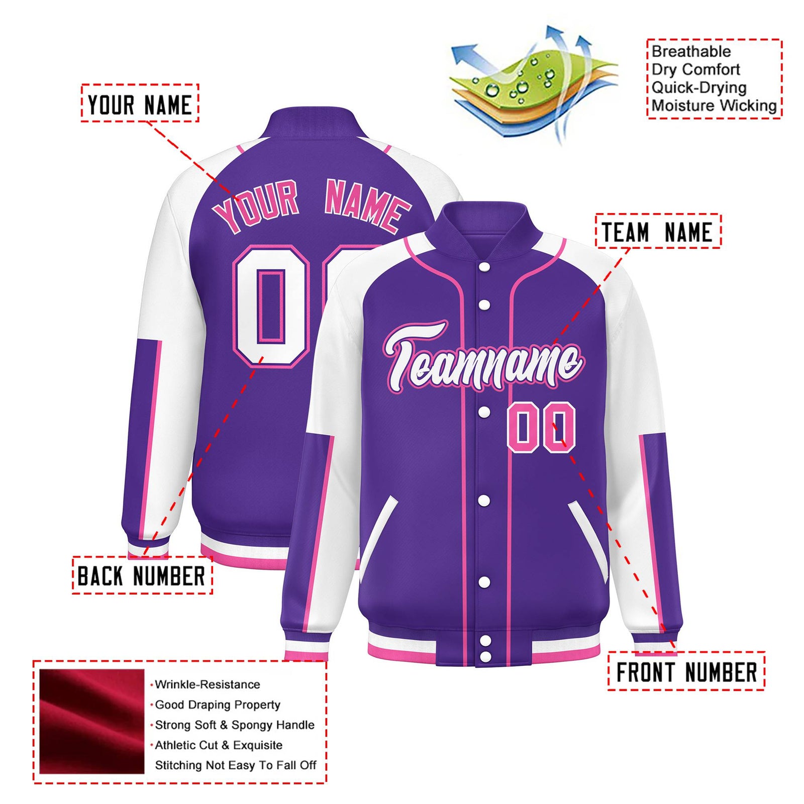 Custom Purple White-Purple Varsity Full-Snap Color Block Letterman Jacket