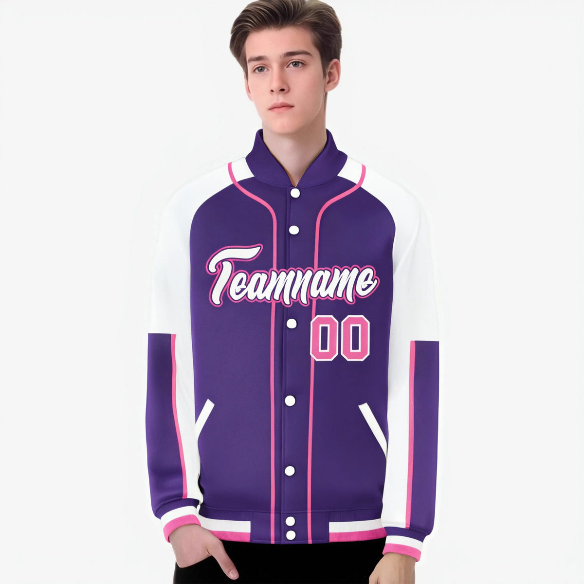 Custom Purple White-Purple Varsity Full-Snap Color Block Letterman Jacket