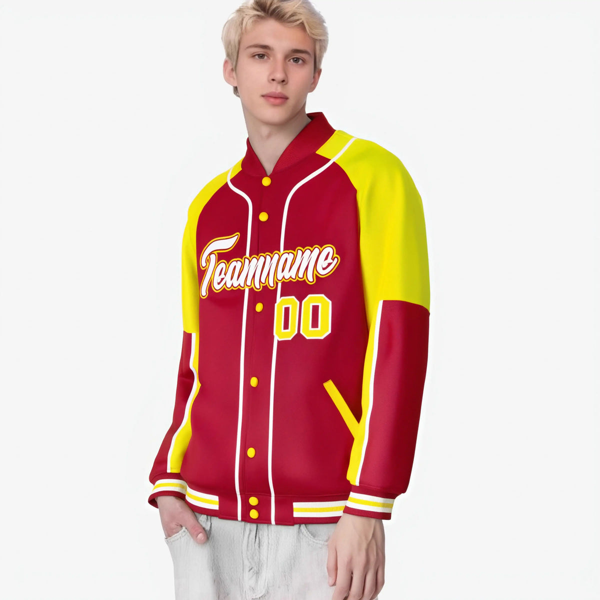 Custom Red Gold-Red Varsity Full-Snap Color Block Letterman Jacket