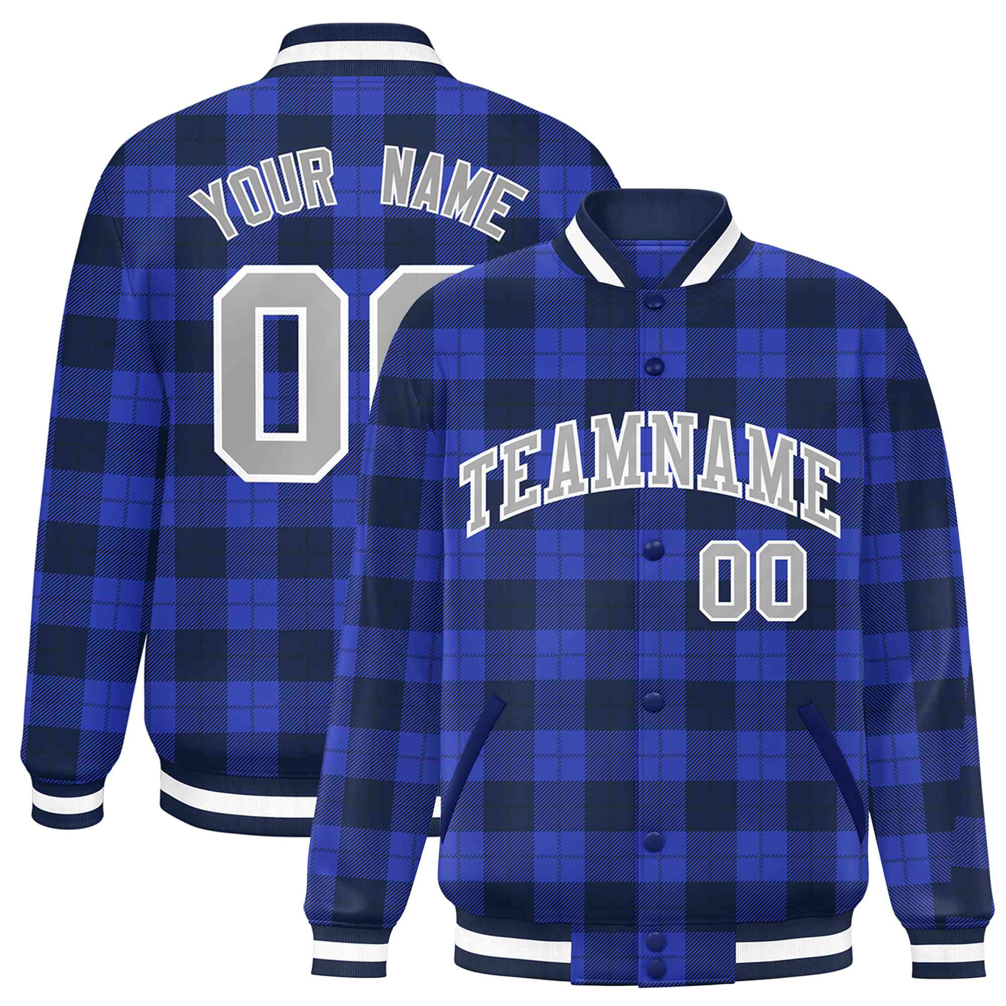 Custom Royal Blue-Black Varsity Full-Snap Plaid Pattern Letterman Baseball Jacket