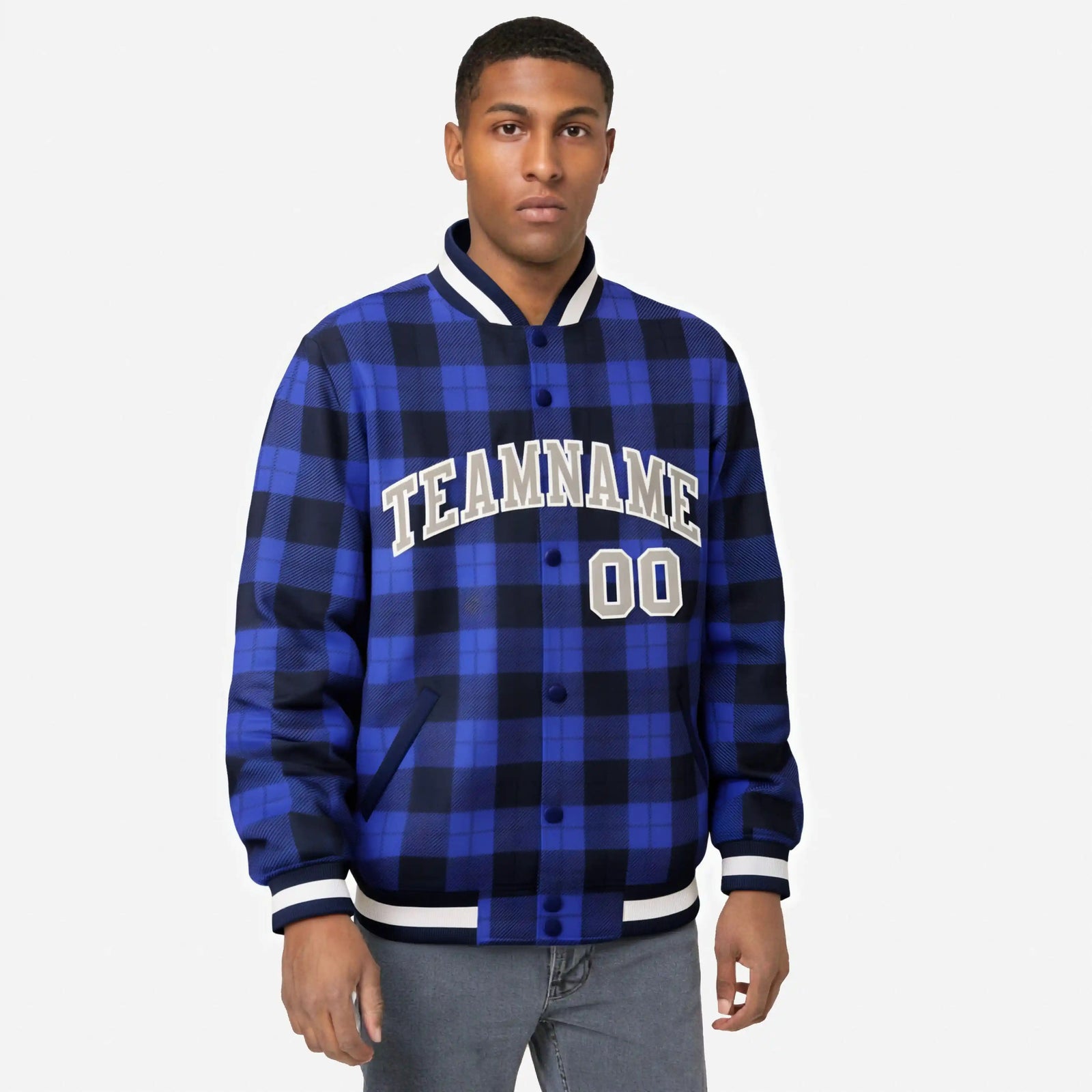 Custom Royal Blue-Black Varsity Full-Snap Plaid Pattern Letterman Baseball Jacket