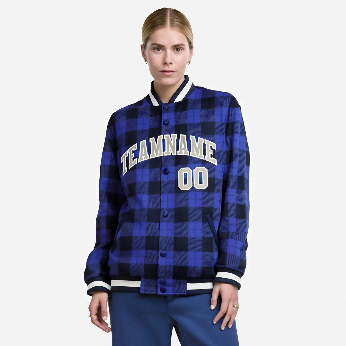 Custom Royal Blue-Black Varsity Full-Snap Plaid Pattern Letterman Baseball Jacket