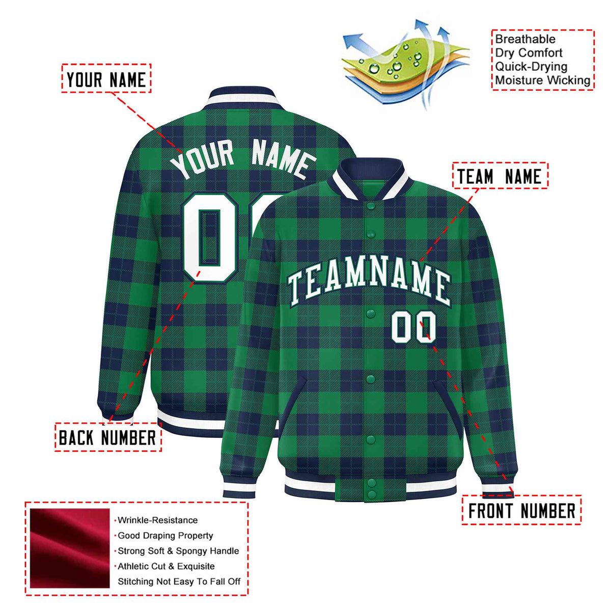 Custom Kelly Green-Navy Varsity Full-Snap Plaid Pattern Letterman Baseball Jacket