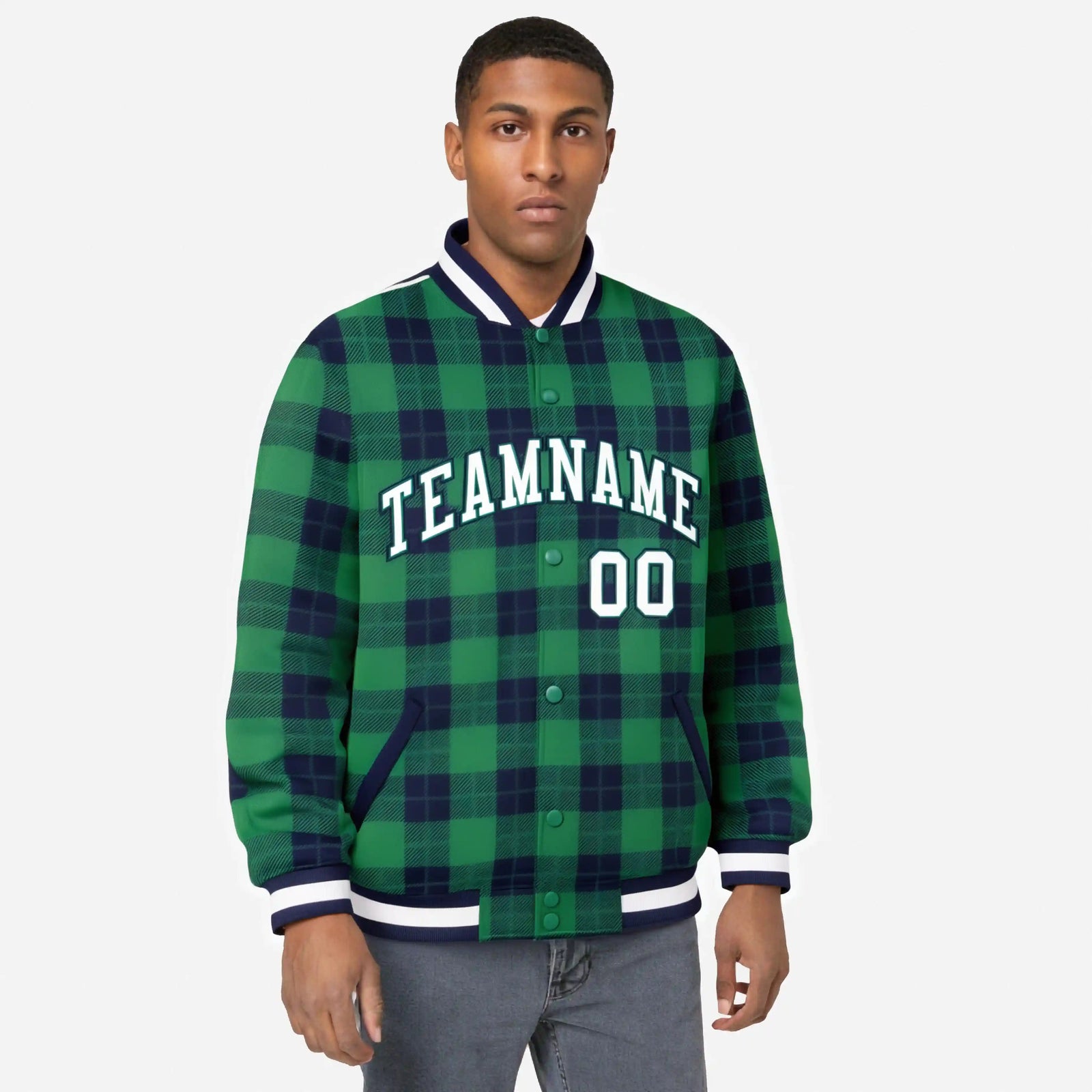 Custom Kelly Green-Navy Varsity Full-Snap Plaid Pattern Letterman Baseball Jacket
