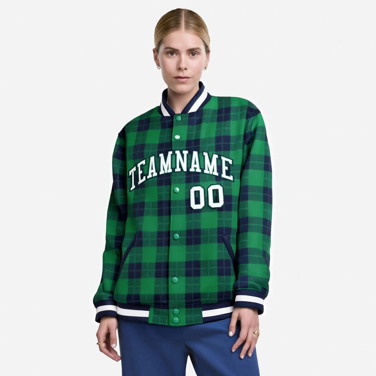 Custom Kelly Green-Navy Varsity Full-Snap Plaid Pattern Letterman Baseball Jacket