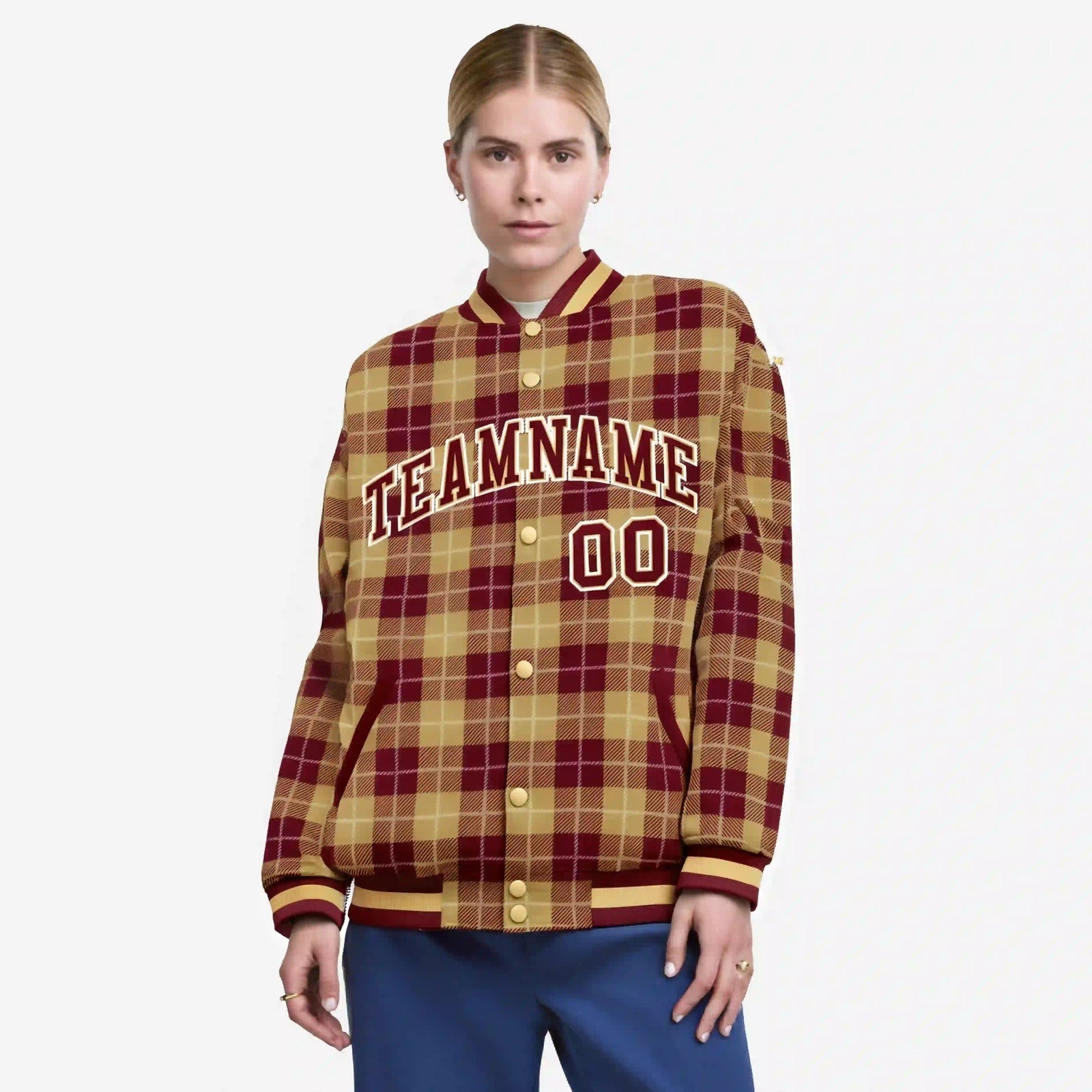 Custom Red-Gold Varsity Full-Snap Plaid Pattern Letterman Baseball Jacket