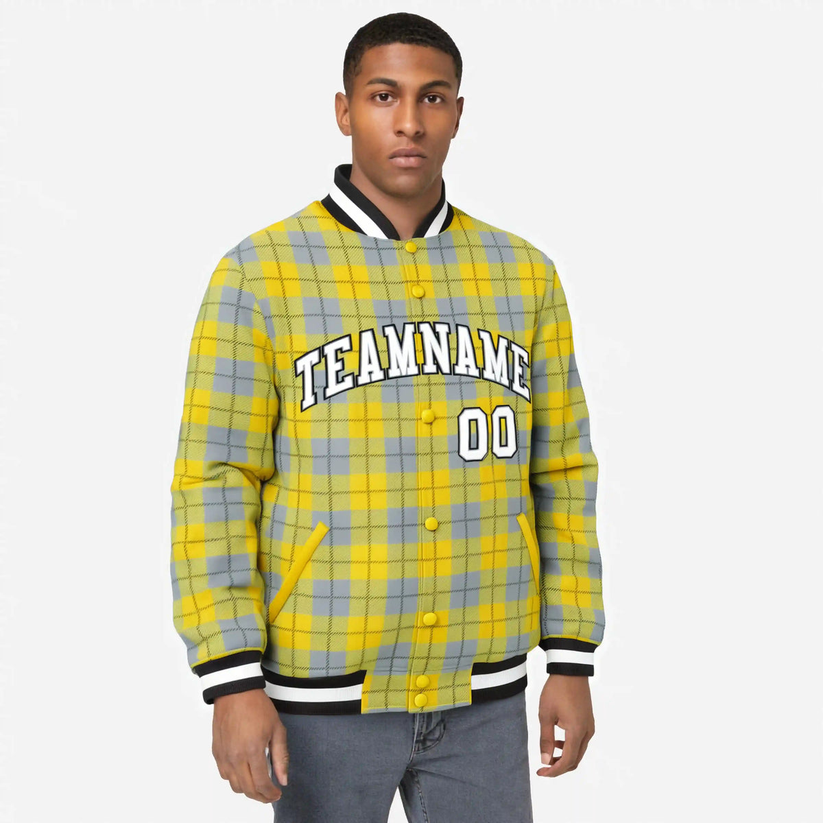 Custom Gold-Gray Varsity Full-Snap Plaid Pattern Letterman Baseball Jacket