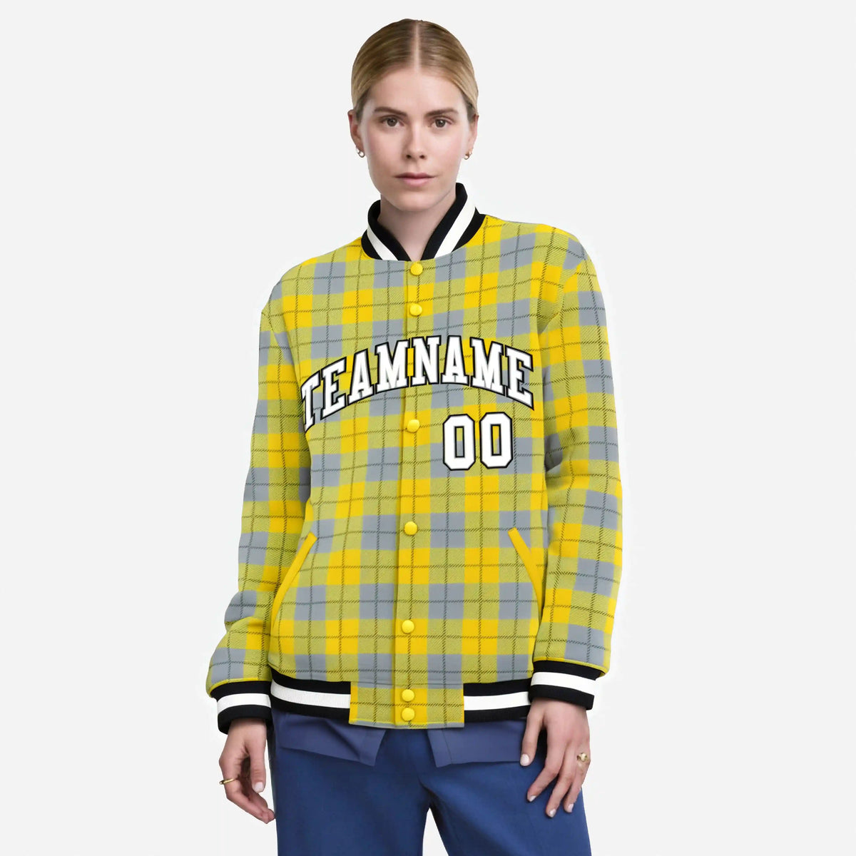 Custom Gold-Gray Varsity Full-Snap Plaid Pattern Letterman Baseball Jacket