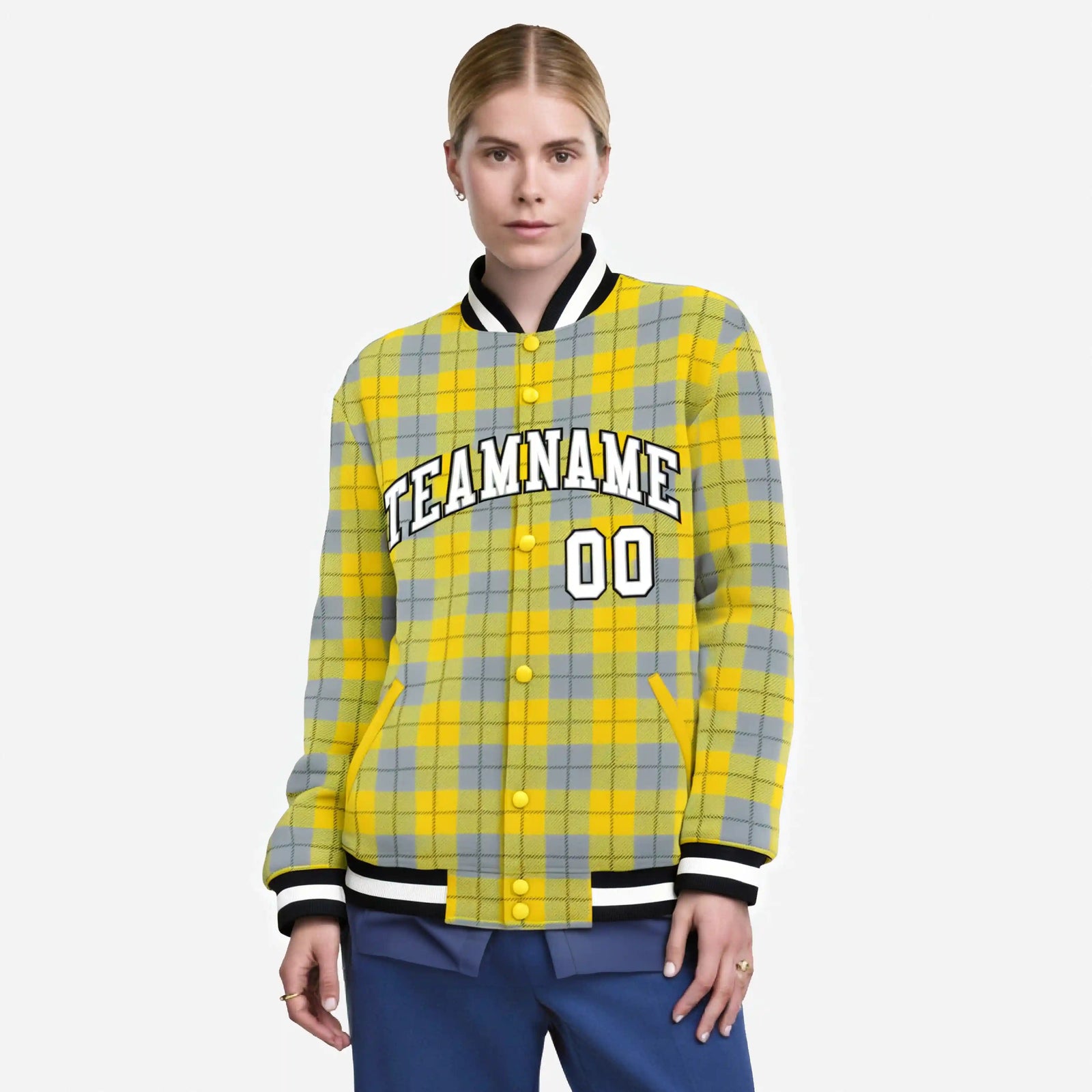 Custom Gold-Gray Varsity Full-Snap Plaid Pattern Letterman Baseball Jacket
