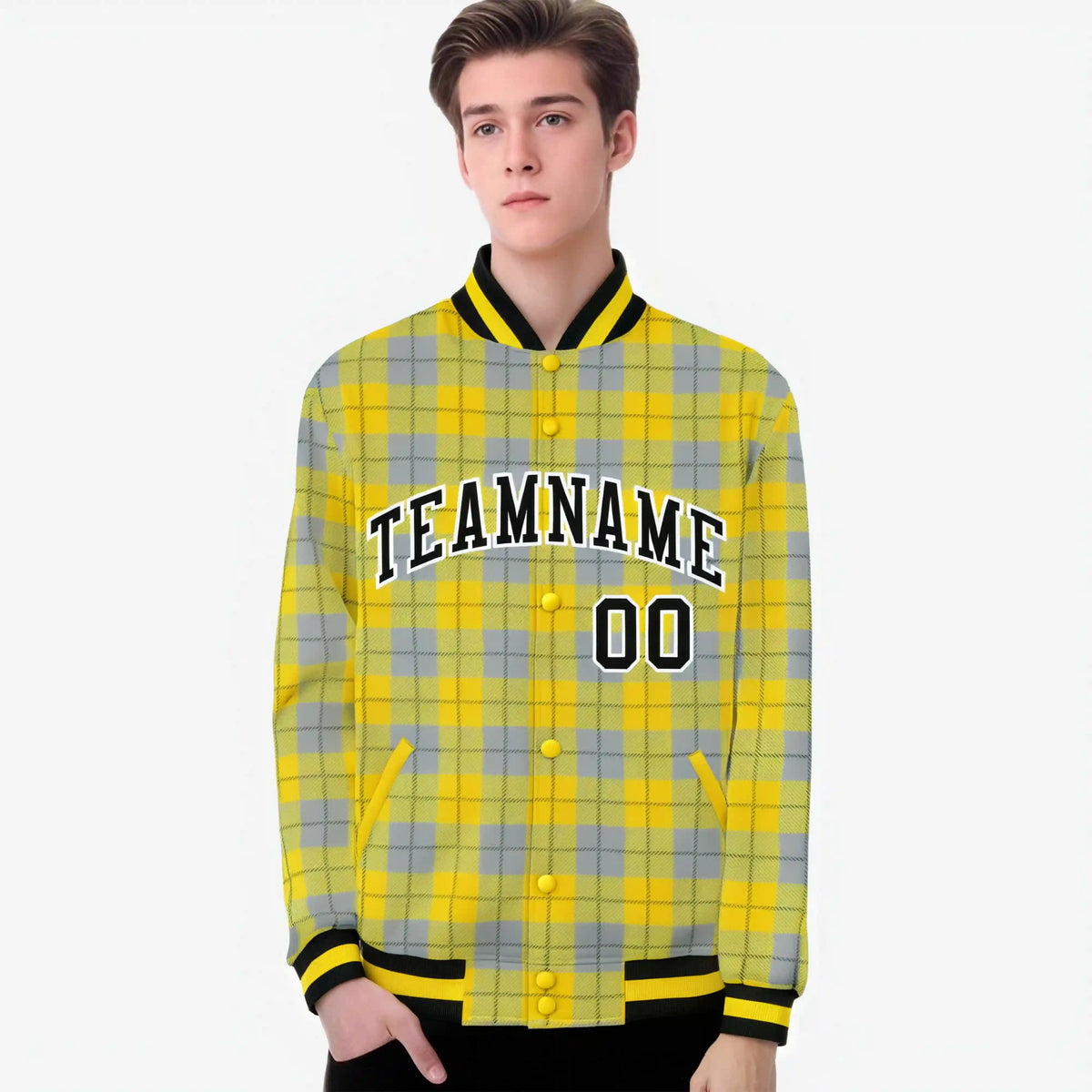Custom Gold-Gray Varsity Full-Snap Plaid Pattern Letterman Baseball Jacket