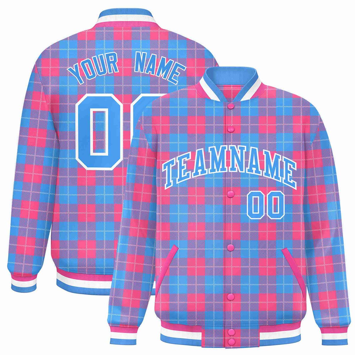 Custom Powder Blue-Pink Varsity Full-Snap Plaid Pattern Letterman Baseball Jacket