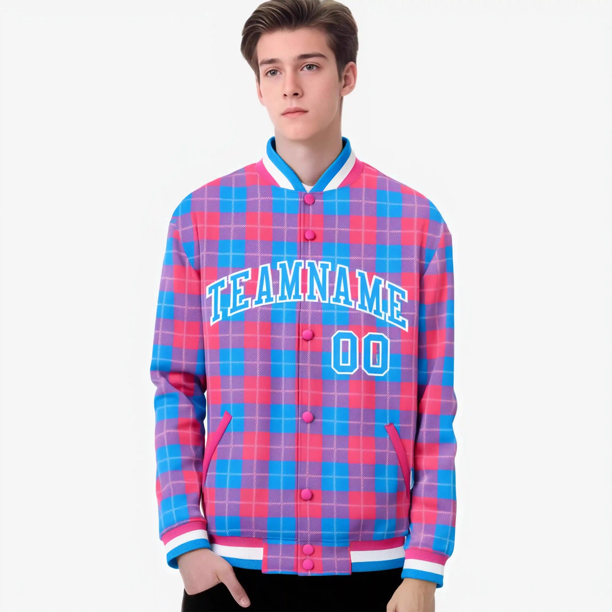 Custom Powder Blue-Pink Varsity Full-Snap Plaid Pattern Letterman Baseball Jacket