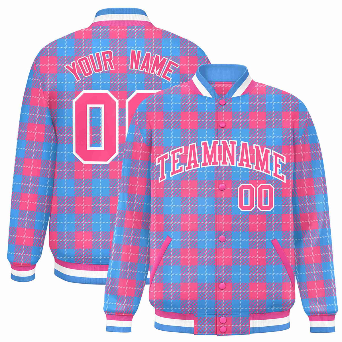 Custom Powder Blue-Pink Varsity Full-Snap Plaid Pattern Letterman Baseball Jacket