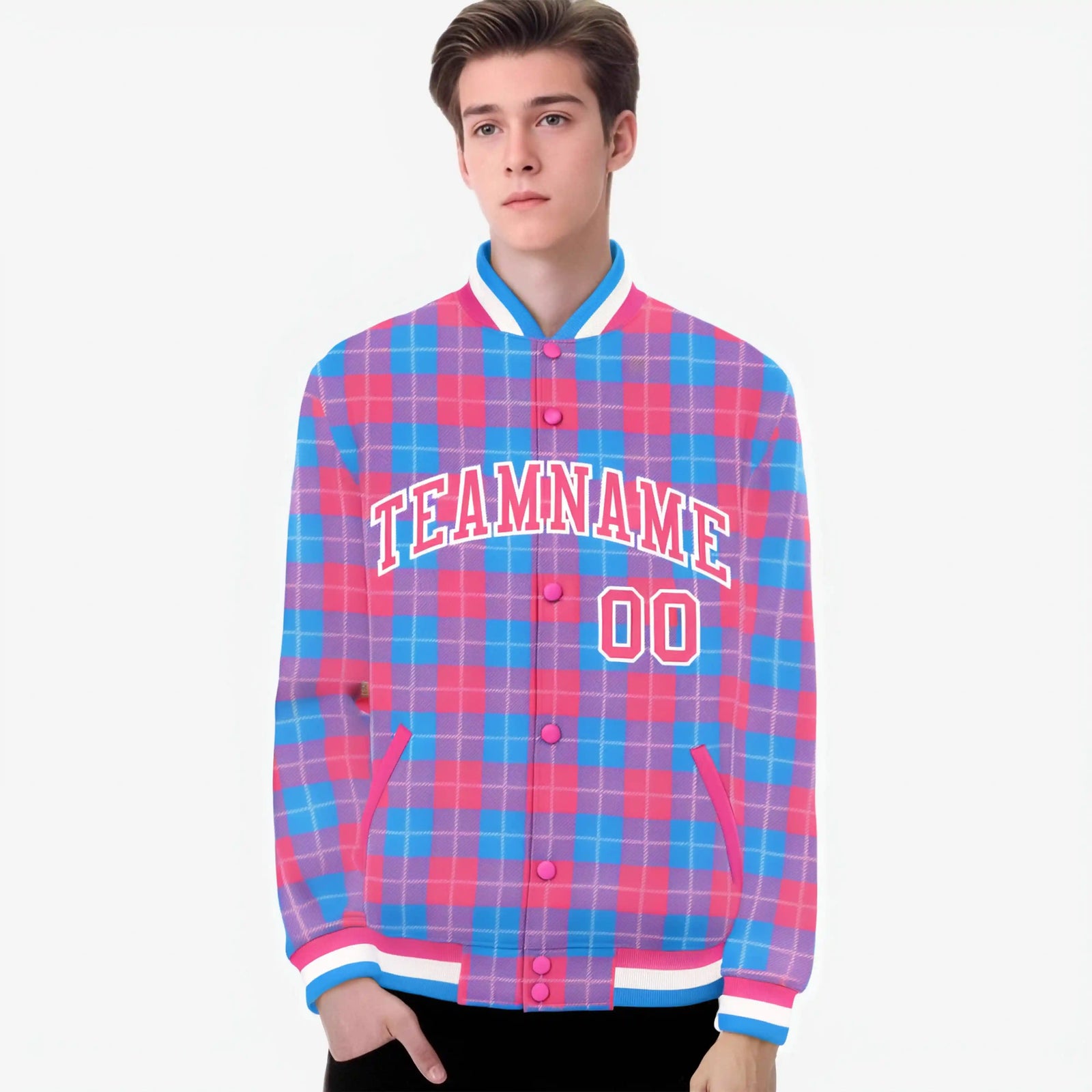 Custom Powder Blue-Pink Varsity Full-Snap Plaid Pattern Letterman Baseball Jacket