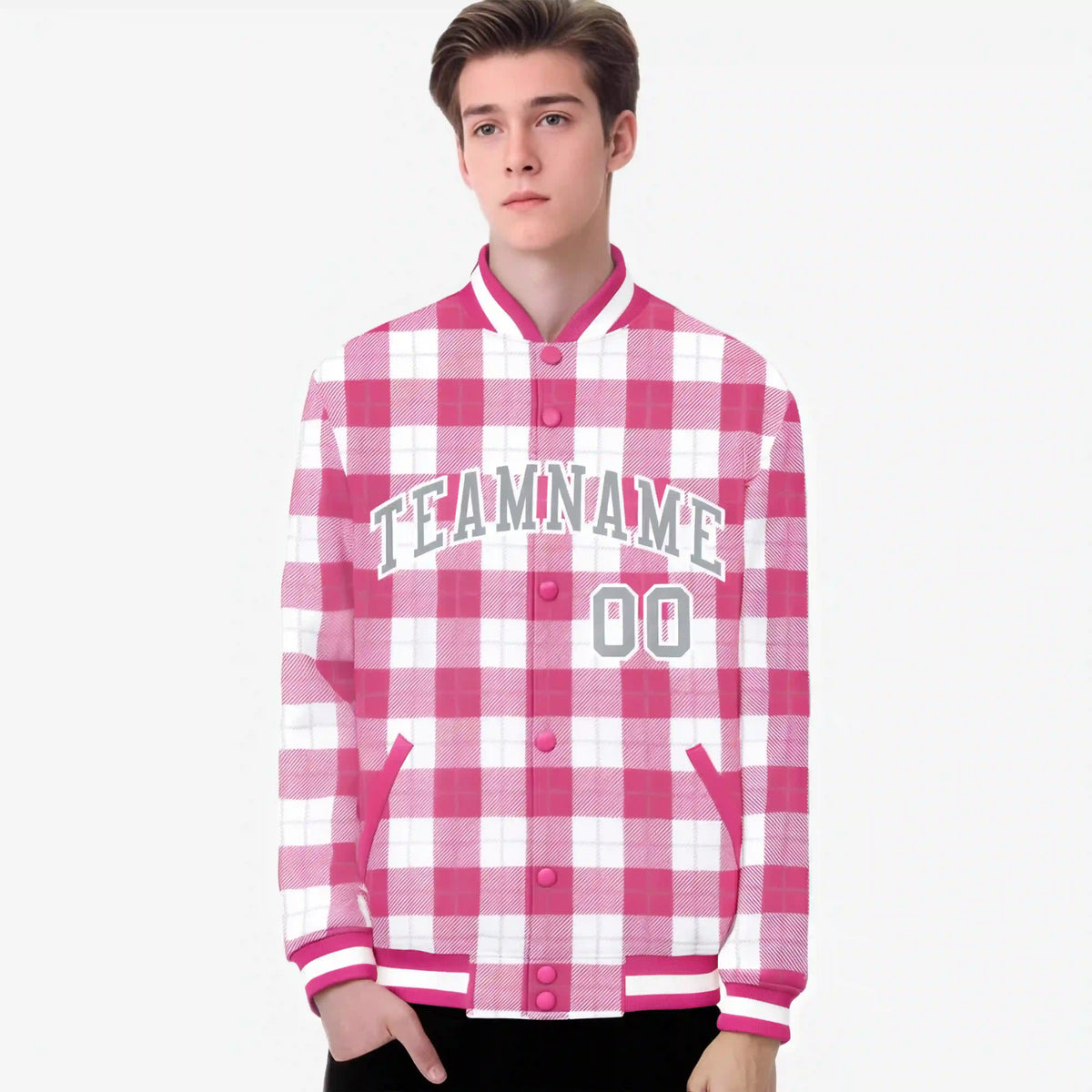 Custom Pink-White Varsity Full-Snap Plaid Pattern Letterman Baseball Jacket