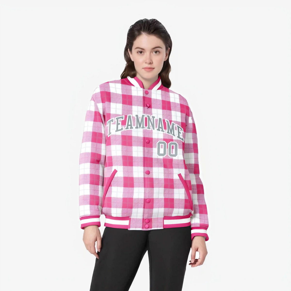 Custom Pink-White Varsity Full-Snap Plaid Pattern Letterman Baseball Jacket