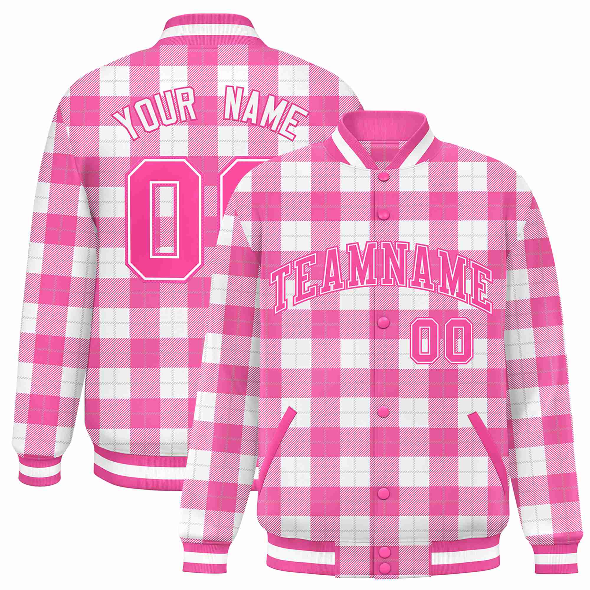 Custom Pink-White Varsity Full-Snap Plaid Pattern Letterman Baseball Jacket