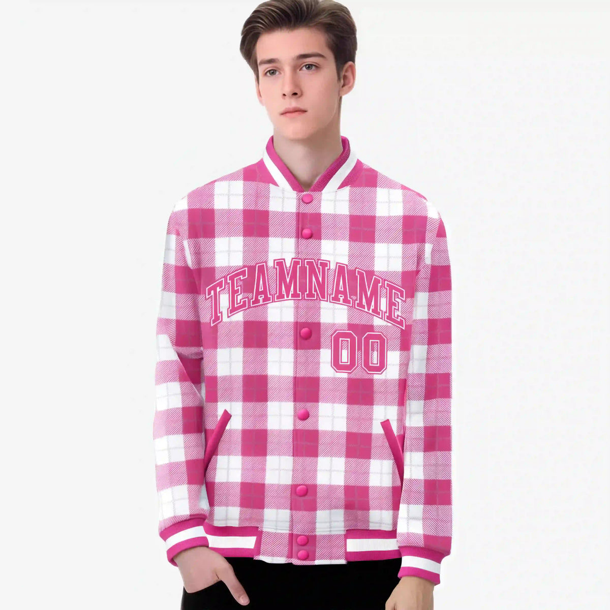 Custom Pink-White Varsity Full-Snap Plaid Pattern Letterman Baseball Jacket