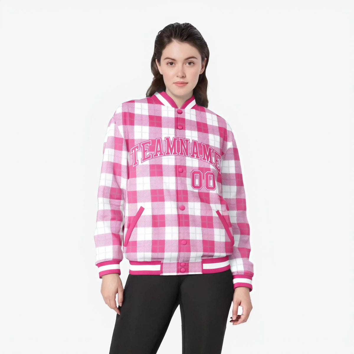 Custom Pink-White Varsity Full-Snap Plaid Pattern Letterman Baseball Jacket