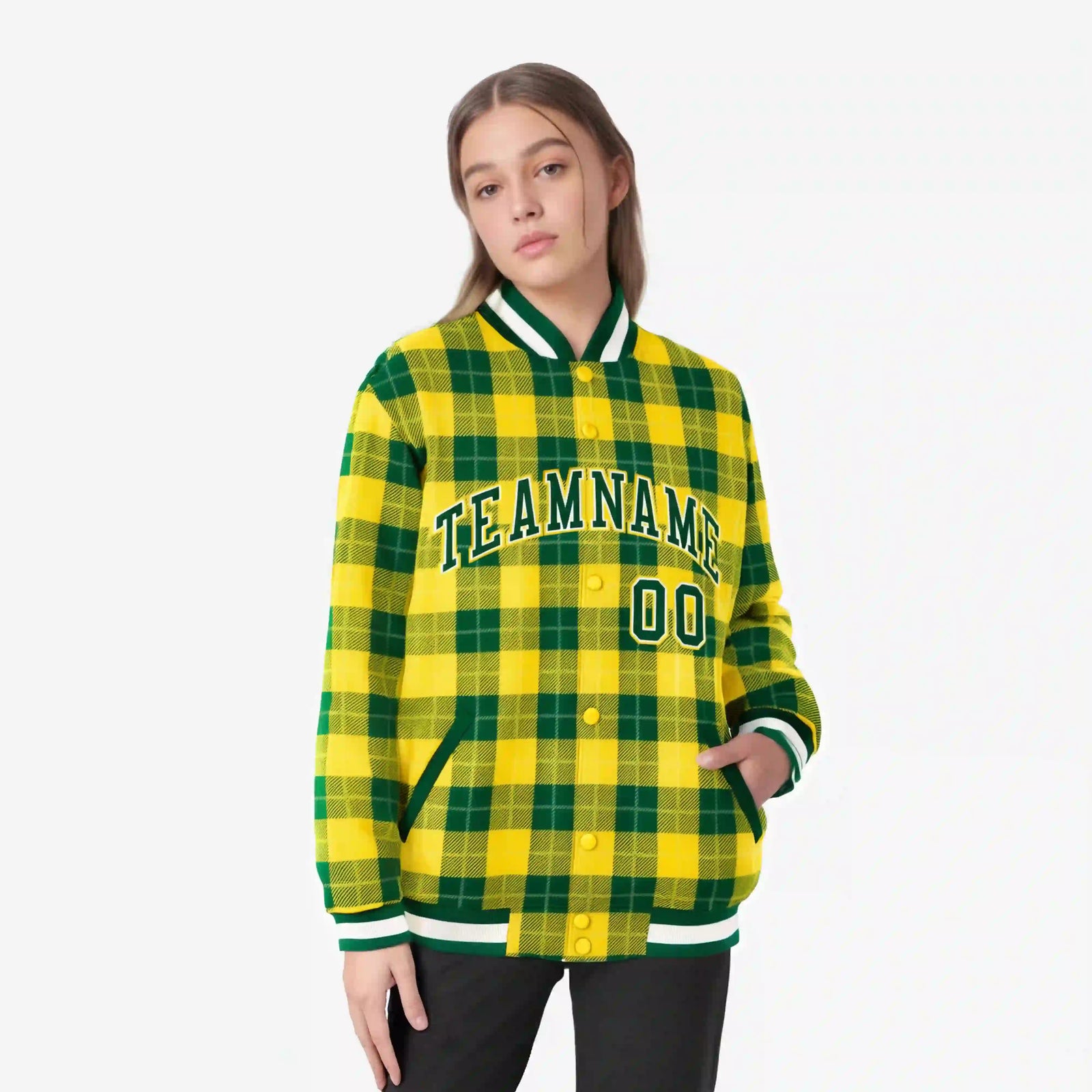 Custom Gold-Green Varsity Full-Snap Plaid Pattern Letterman Baseball Jacket