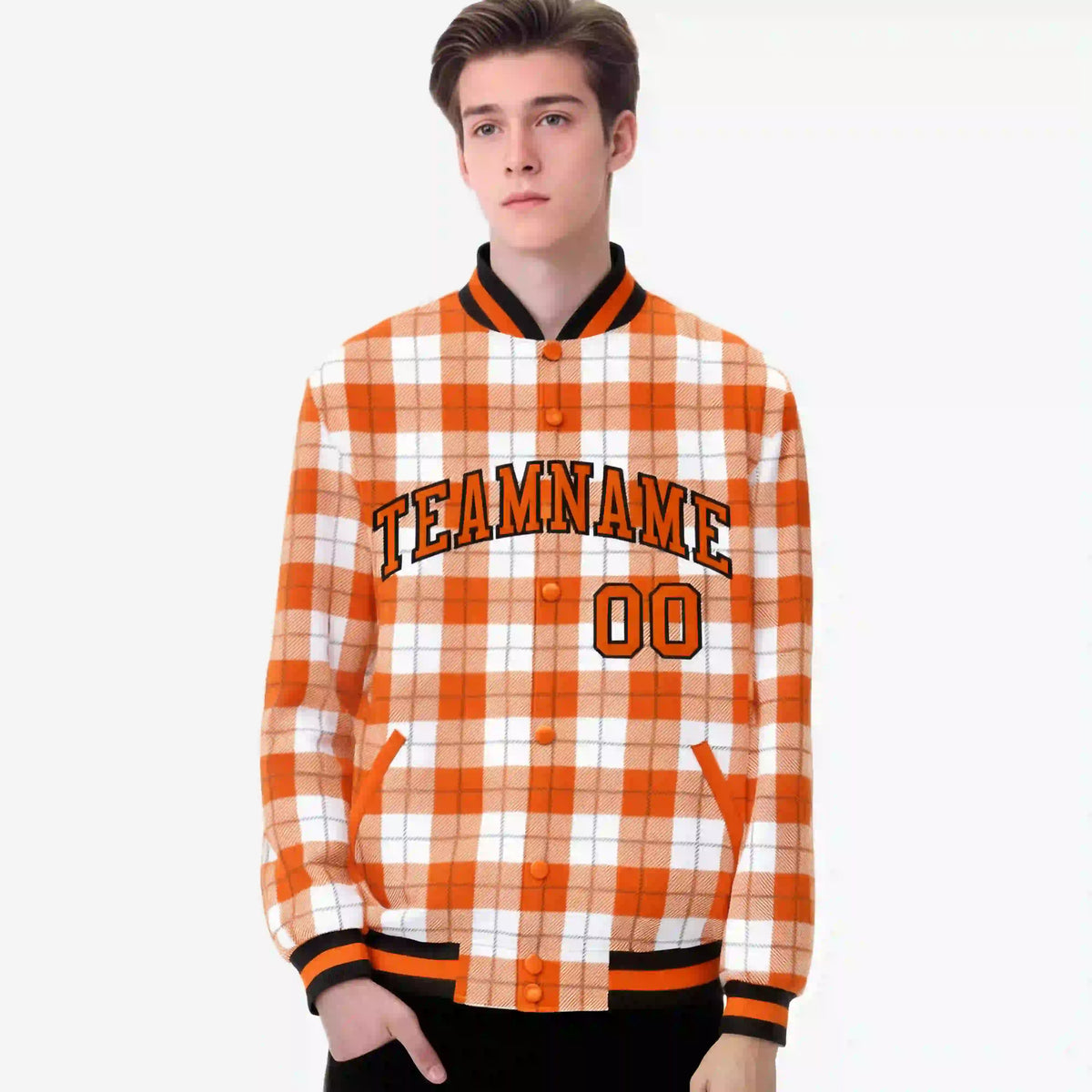Custom Orange-White Varsity Full-Snap Plaid Pattern Letterman Baseball Jacket
