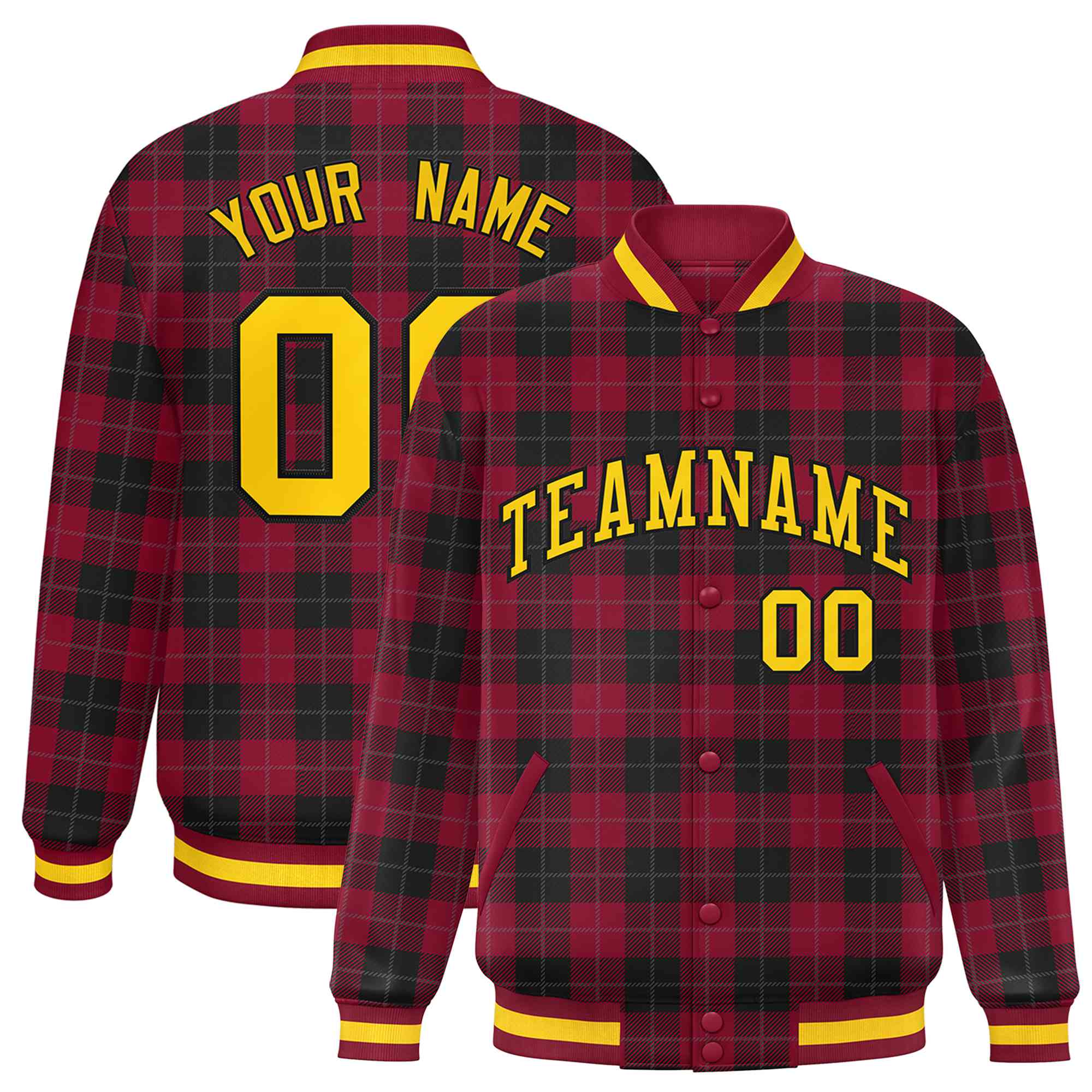 Custom Crimson-Black Varsity Full-Snap Plaid Pattern Letterman Baseball Jacket