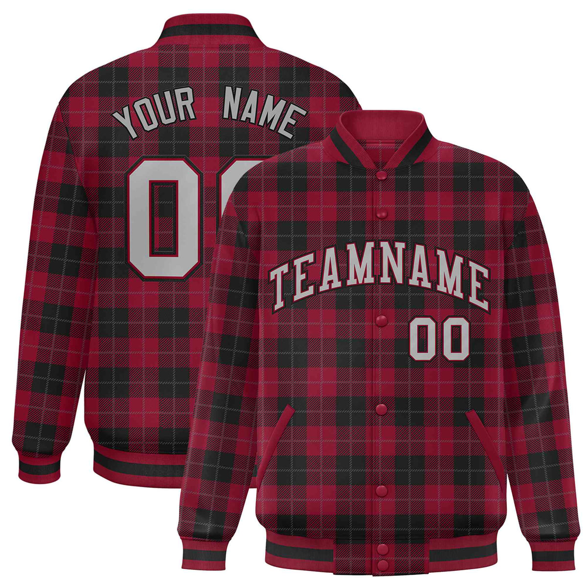 Custom Crimson-Black Varsity Full-Snap Plaid Pattern Letterman Baseball Jacket