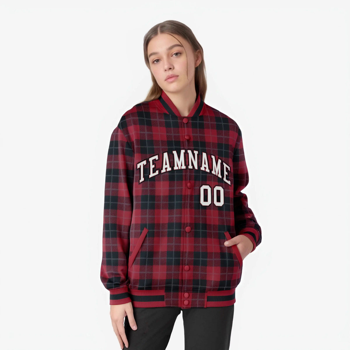 Custom Crimson-Black Varsity Full-Snap Plaid Pattern Letterman Baseball Jacket