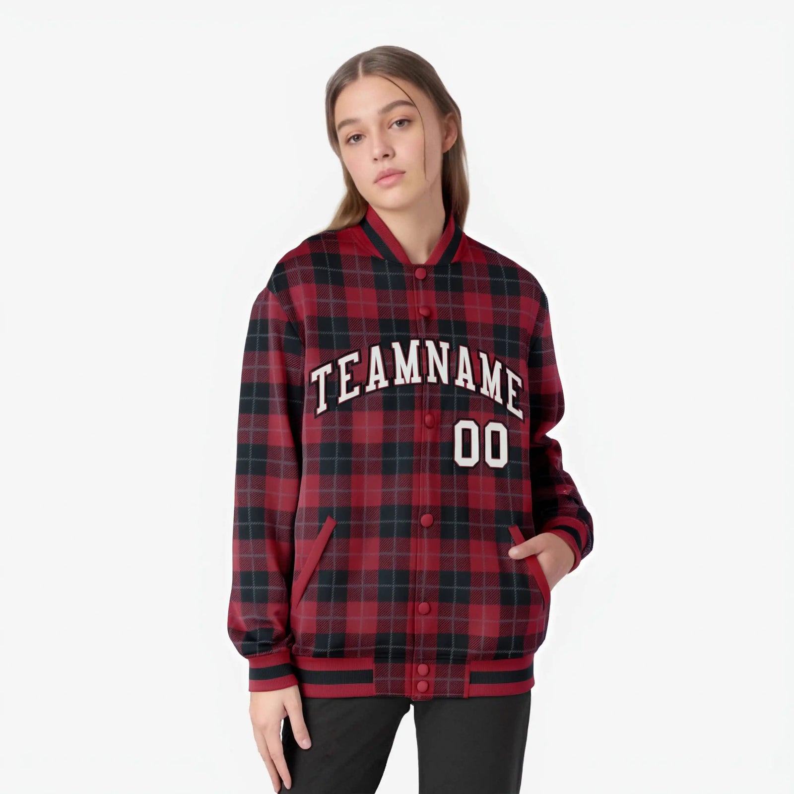 Custom Crimson-Black Varsity Full-Snap Plaid Pattern Letterman Baseball Jacket