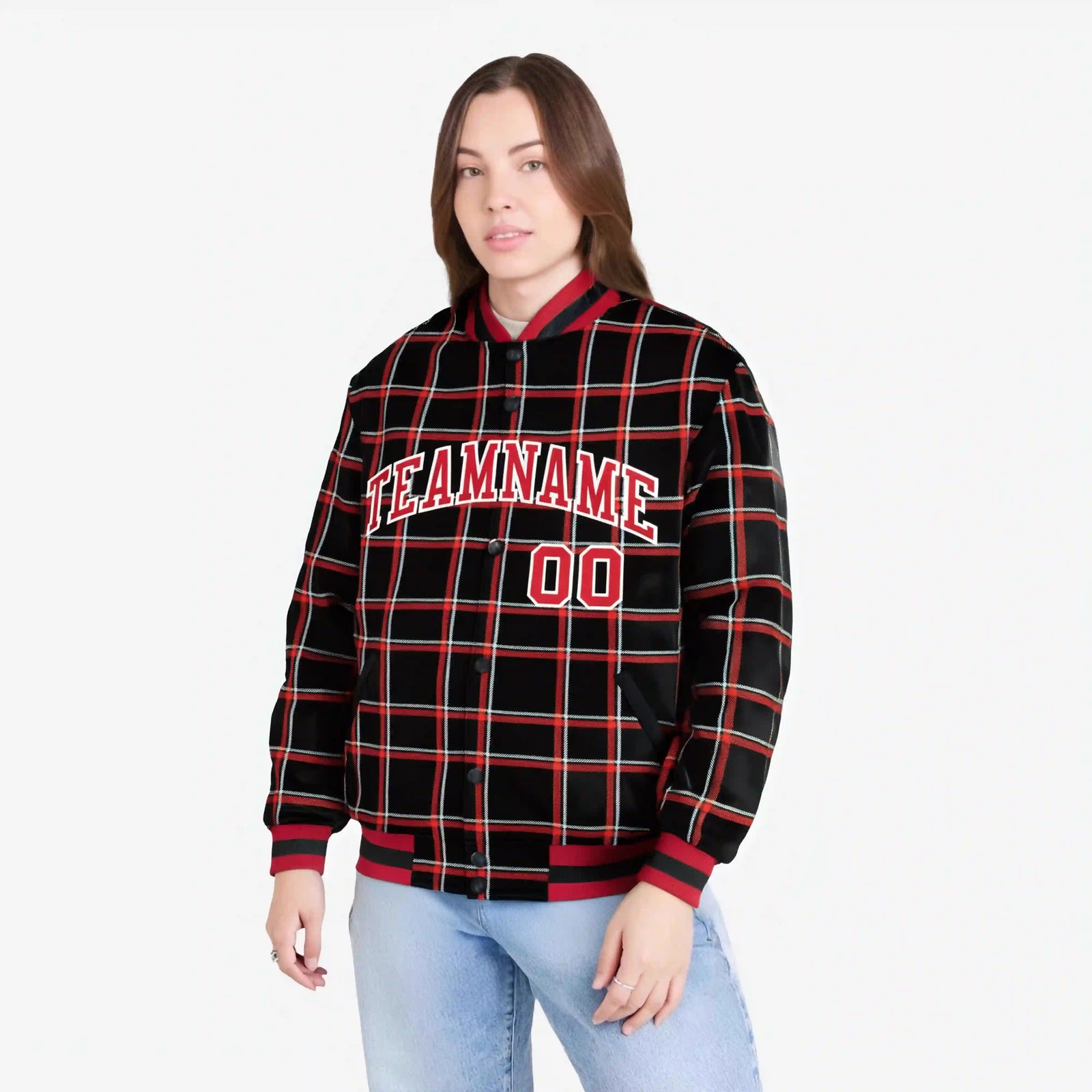 Custom Black-Red Varsity Full-Snap Plaid Pattern Letterman Baseball Jacket