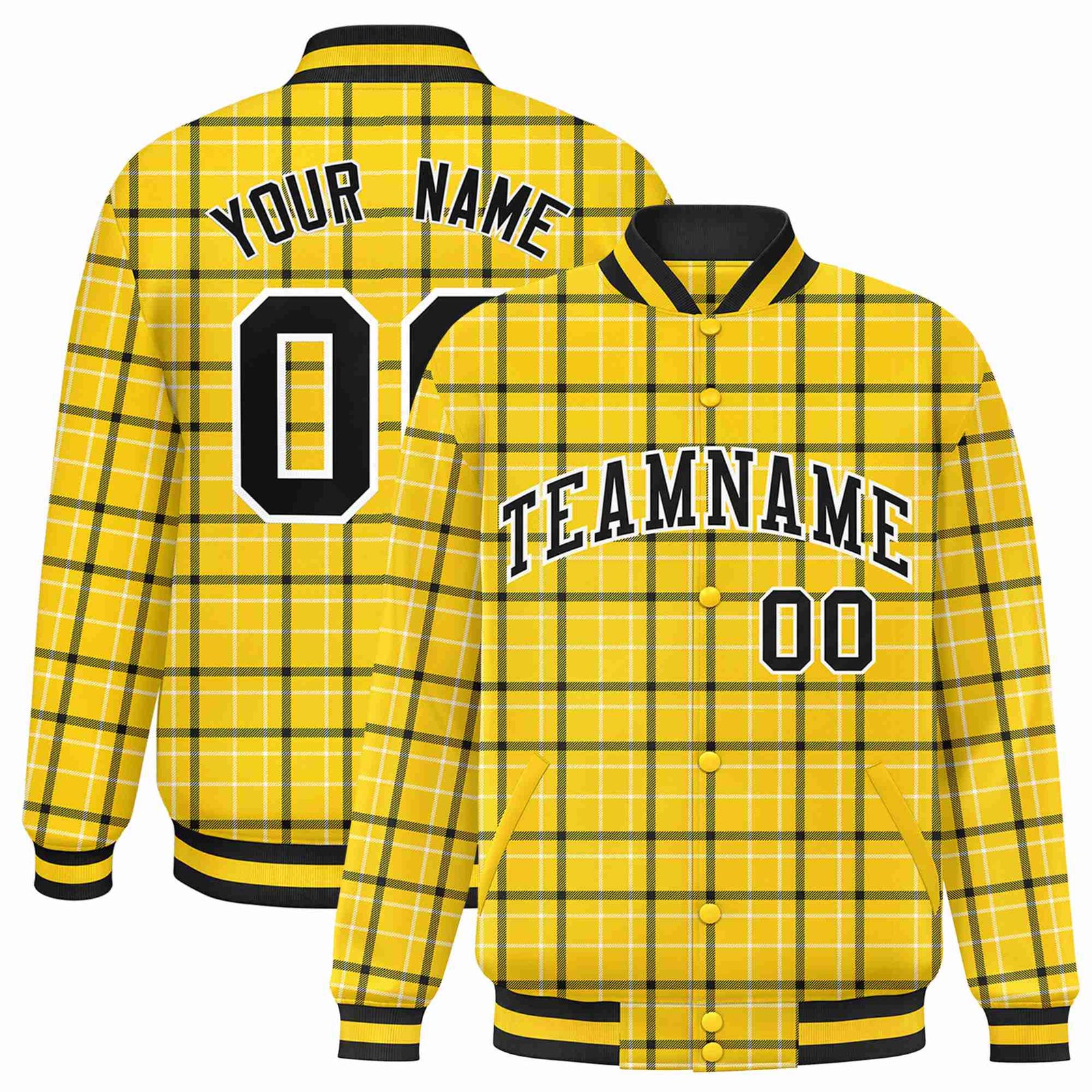 Custom Gold-Black Varsity Full-Snap Plaid Pattern Letterman Baseball Jacket