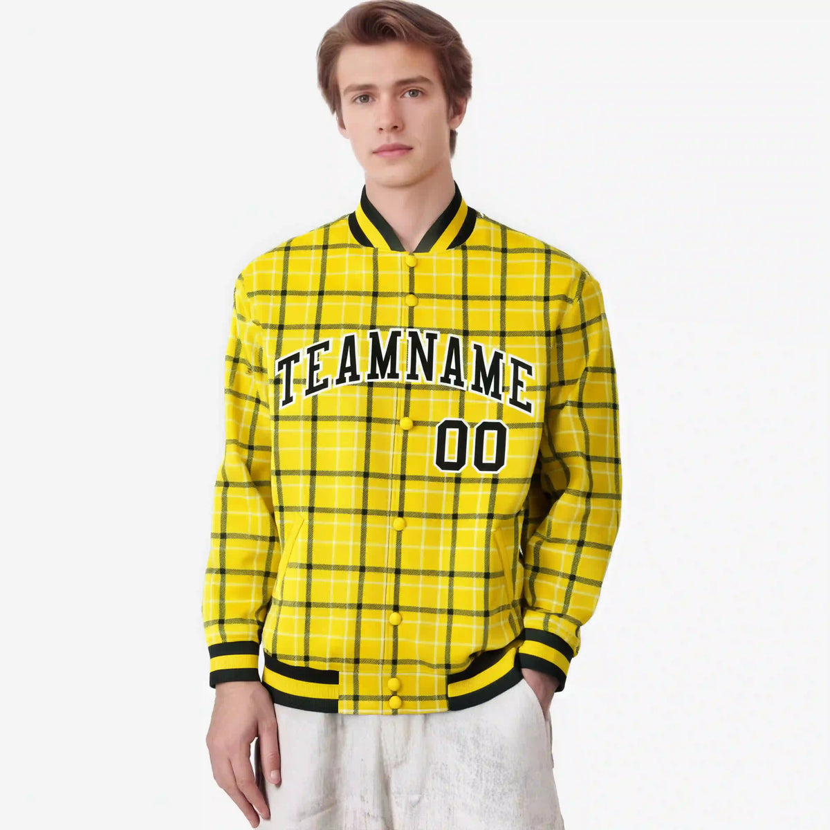 Custom Gold-Black Varsity Full-Snap Plaid Pattern Letterman Baseball Jacket