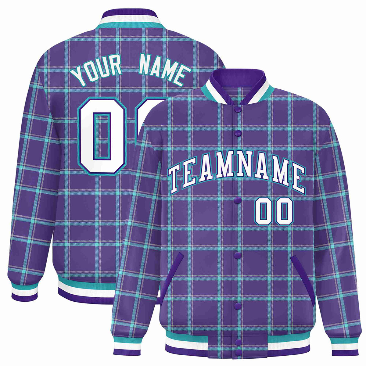 Custom Purple-Aqua Varsity Full-Snap Plaid Pattern Letterman Baseball Jacket