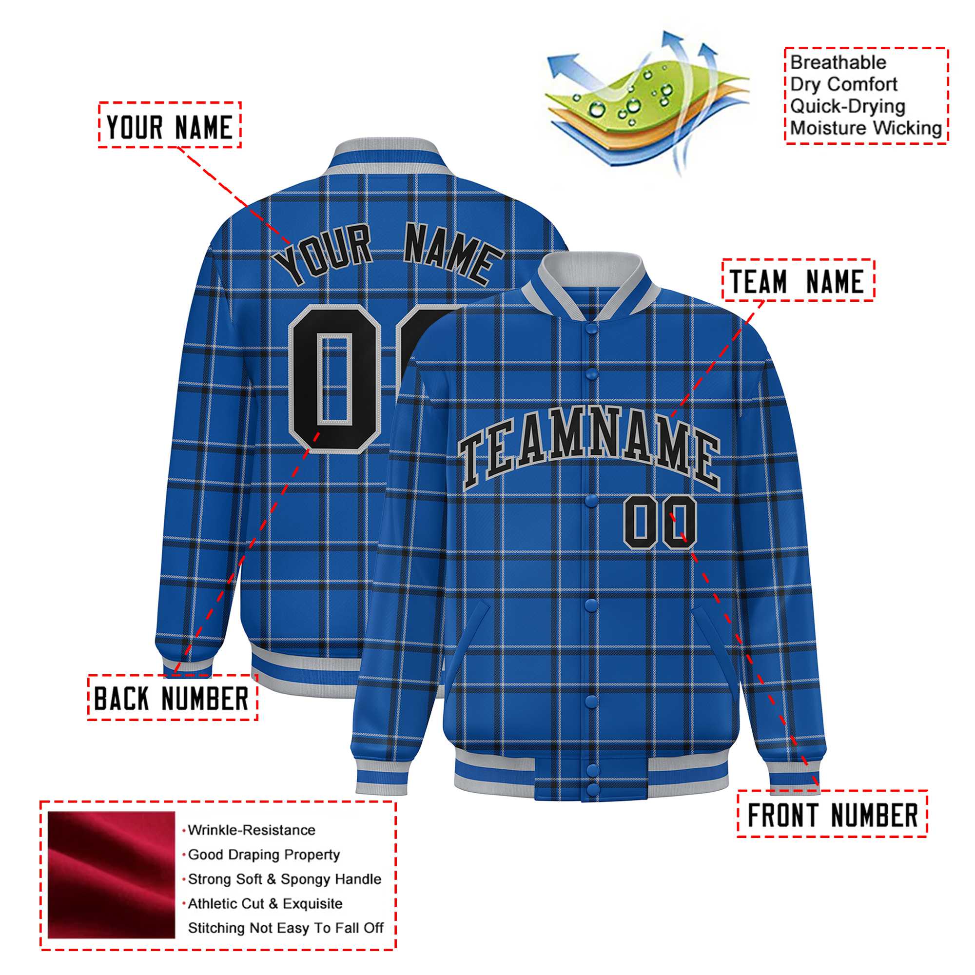 Custom Royal Blue-Black Varsity Full-Snap Plaid Pattern Letterman Baseball Jacket