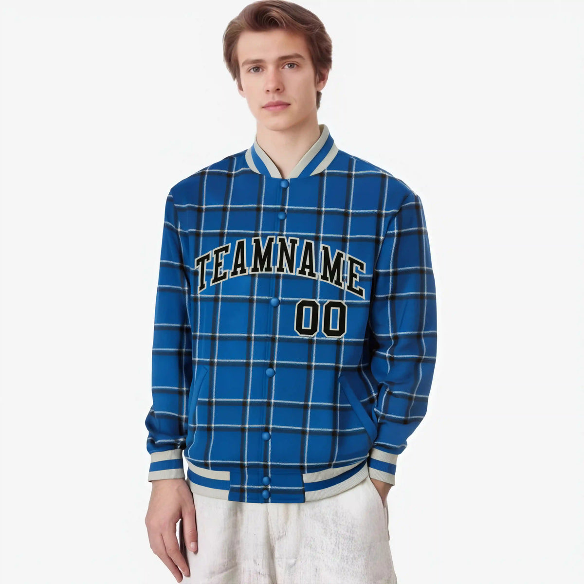 Custom Royal Blue-Black Varsity Full-Snap Plaid Pattern Letterman Baseball Jacket