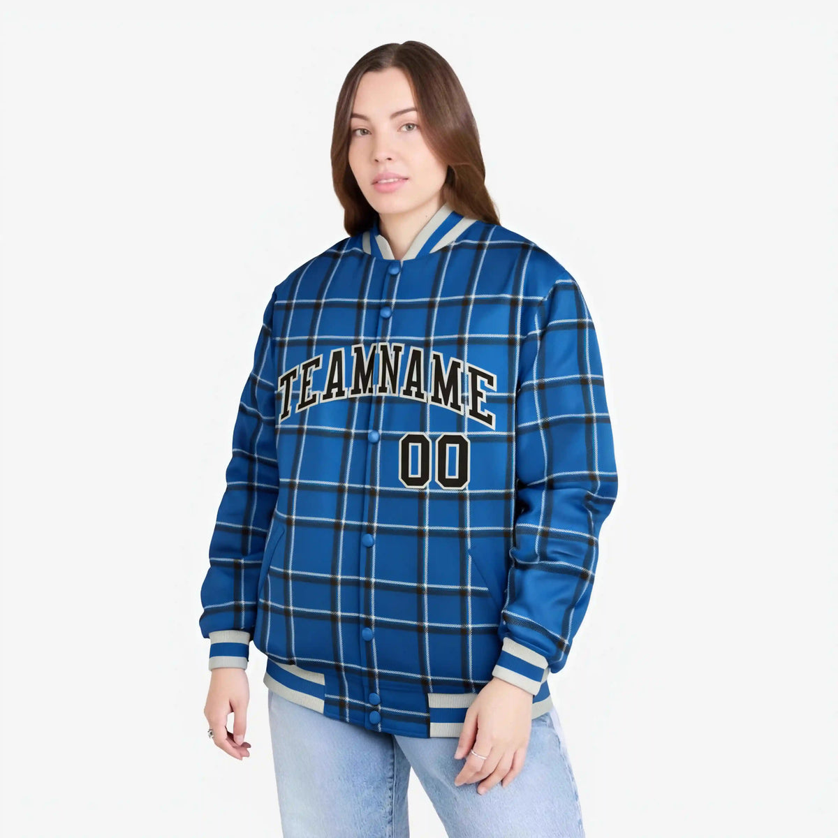 Custom Royal Blue-Black Varsity Full-Snap Plaid Pattern Letterman Baseball Jacket