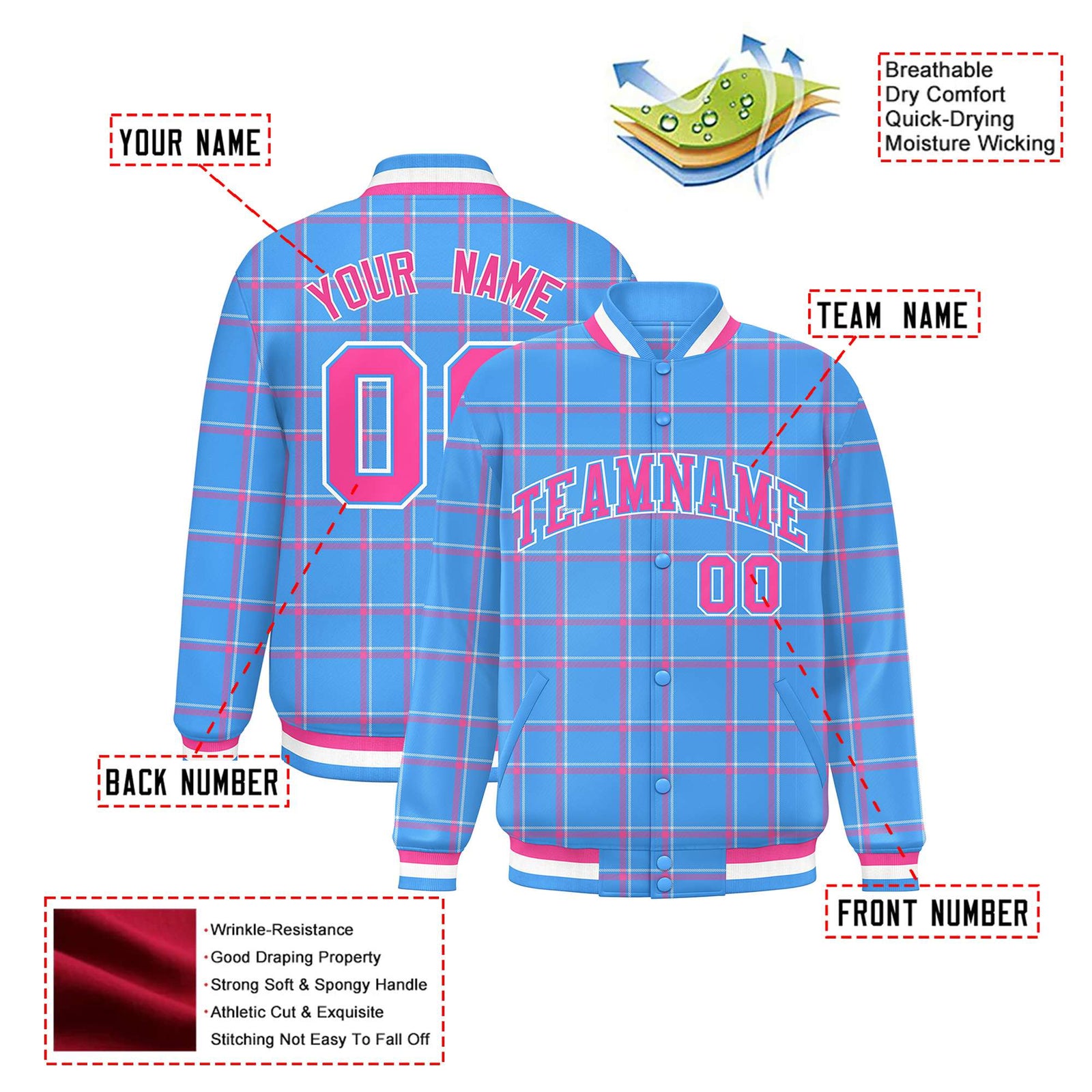 Custom Powder Blue-Pink Varsity Full-Snap Plaid Pattern Letterman Baseball Jacket