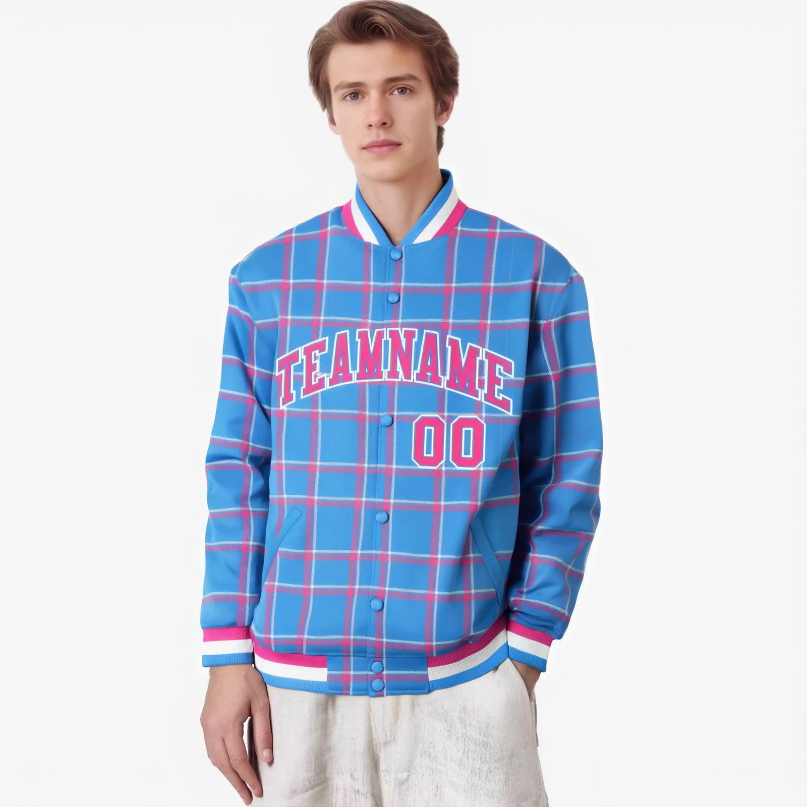Custom Powder Blue-Pink Varsity Full-Snap Plaid Pattern Letterman Baseball Jacket