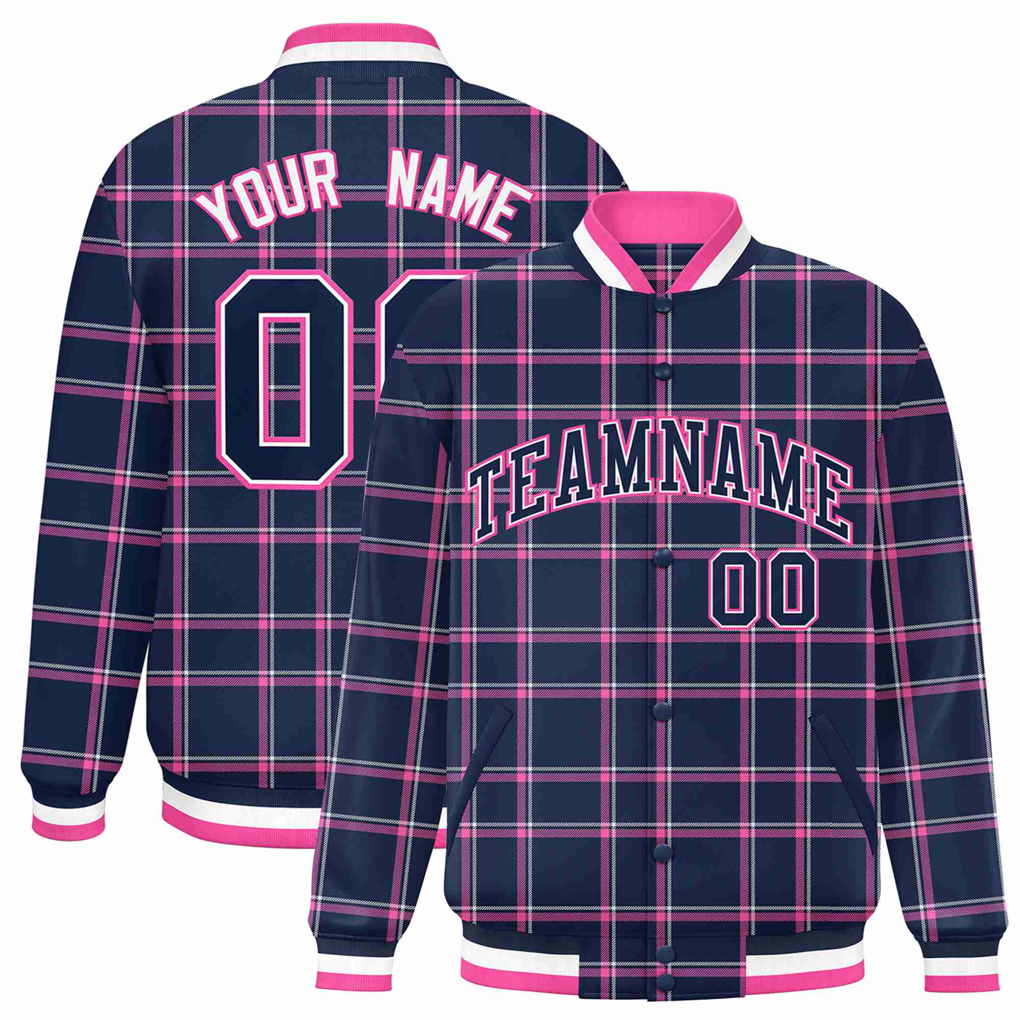 Custom Navy-Pink Varsity Full-Snap Plaid Pattern Letterman Baseball Jacket