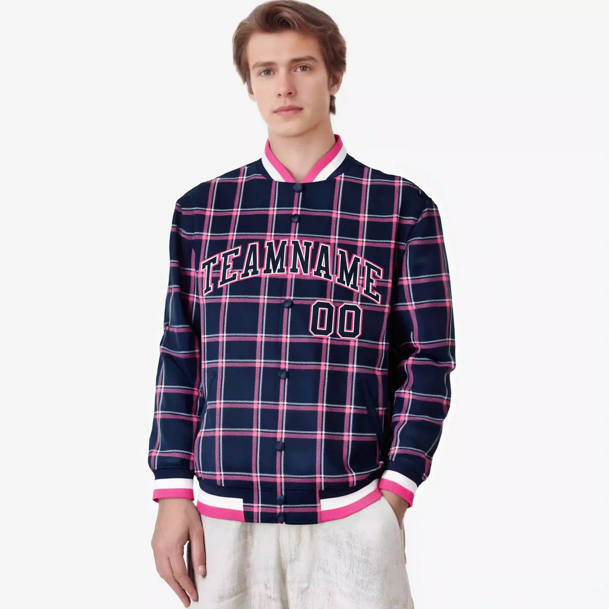 Custom Navy-Pink Varsity Full-Snap Plaid Pattern Letterman Baseball Jacket