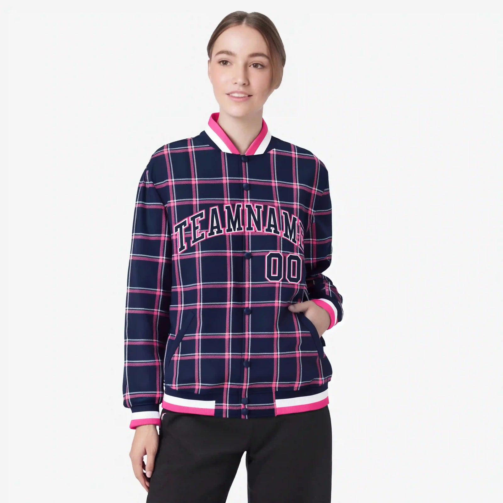 Custom Navy-Pink Varsity Full-Snap Plaid Pattern Letterman Baseball Jacket