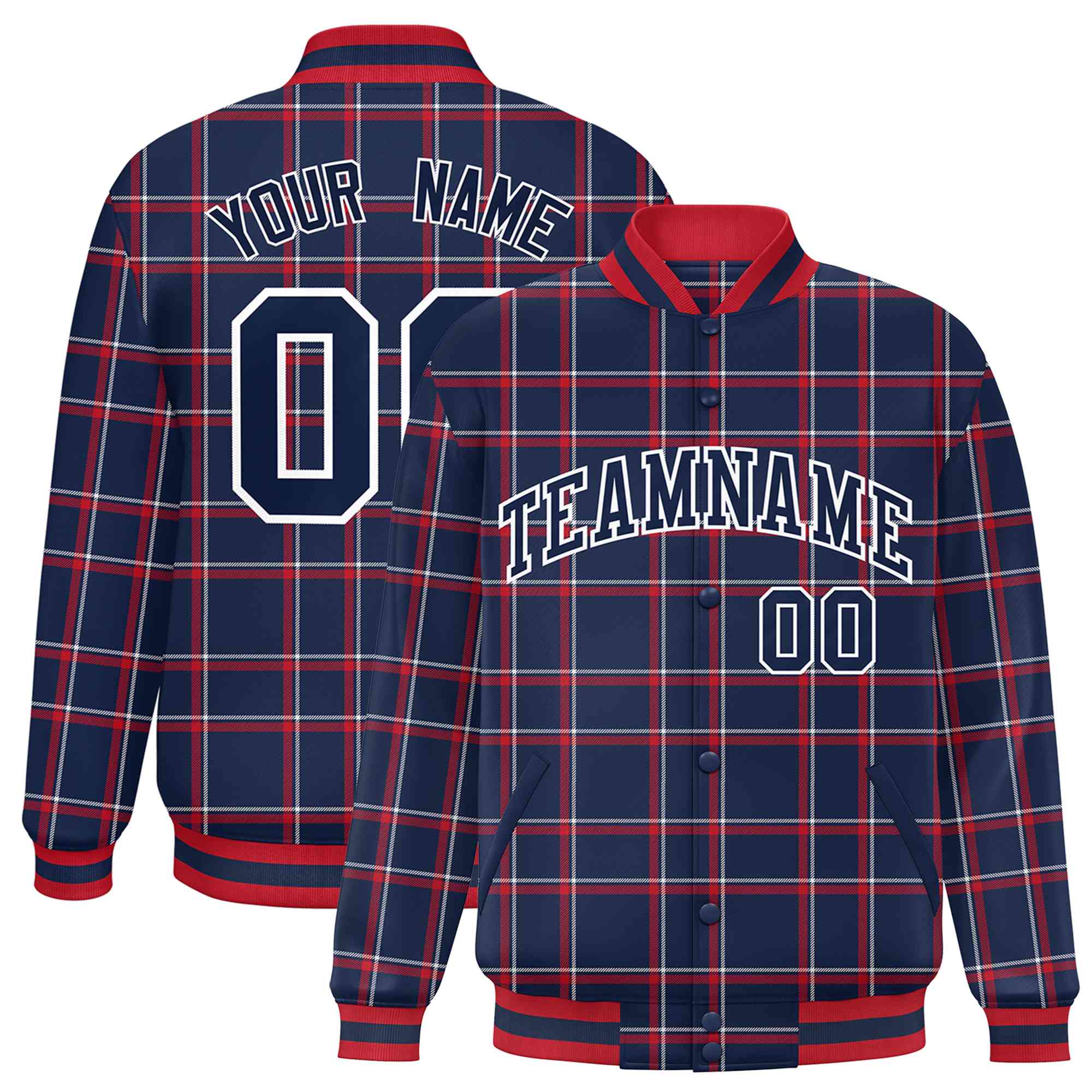 Custom Navy-Red Varsity Full-Snap Plaid Pattern Letterman Baseball Jacket