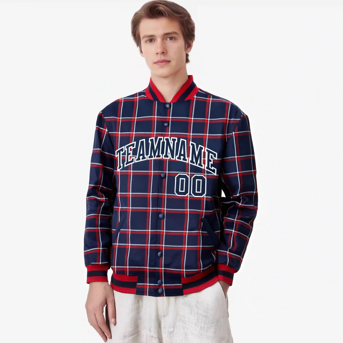 Custom Navy-Red Varsity Full-Snap Plaid Pattern Letterman Baseball Jacket