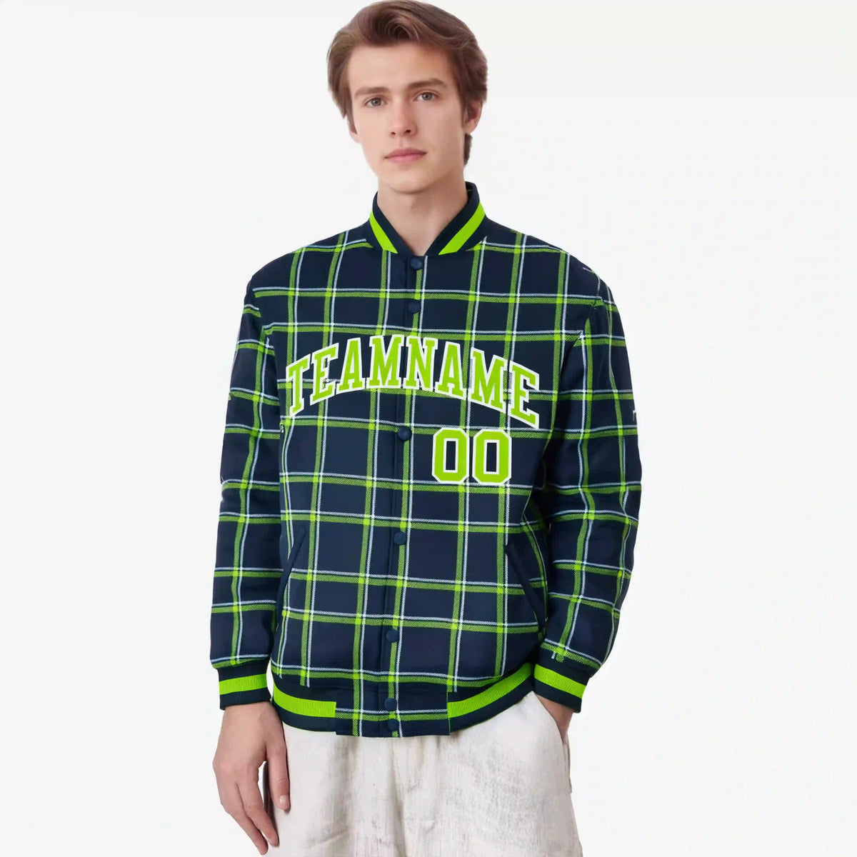 Custom Navy-Kelly Green Varsity Full-Snap Plaid Pattern Letterman Baseball Jacket